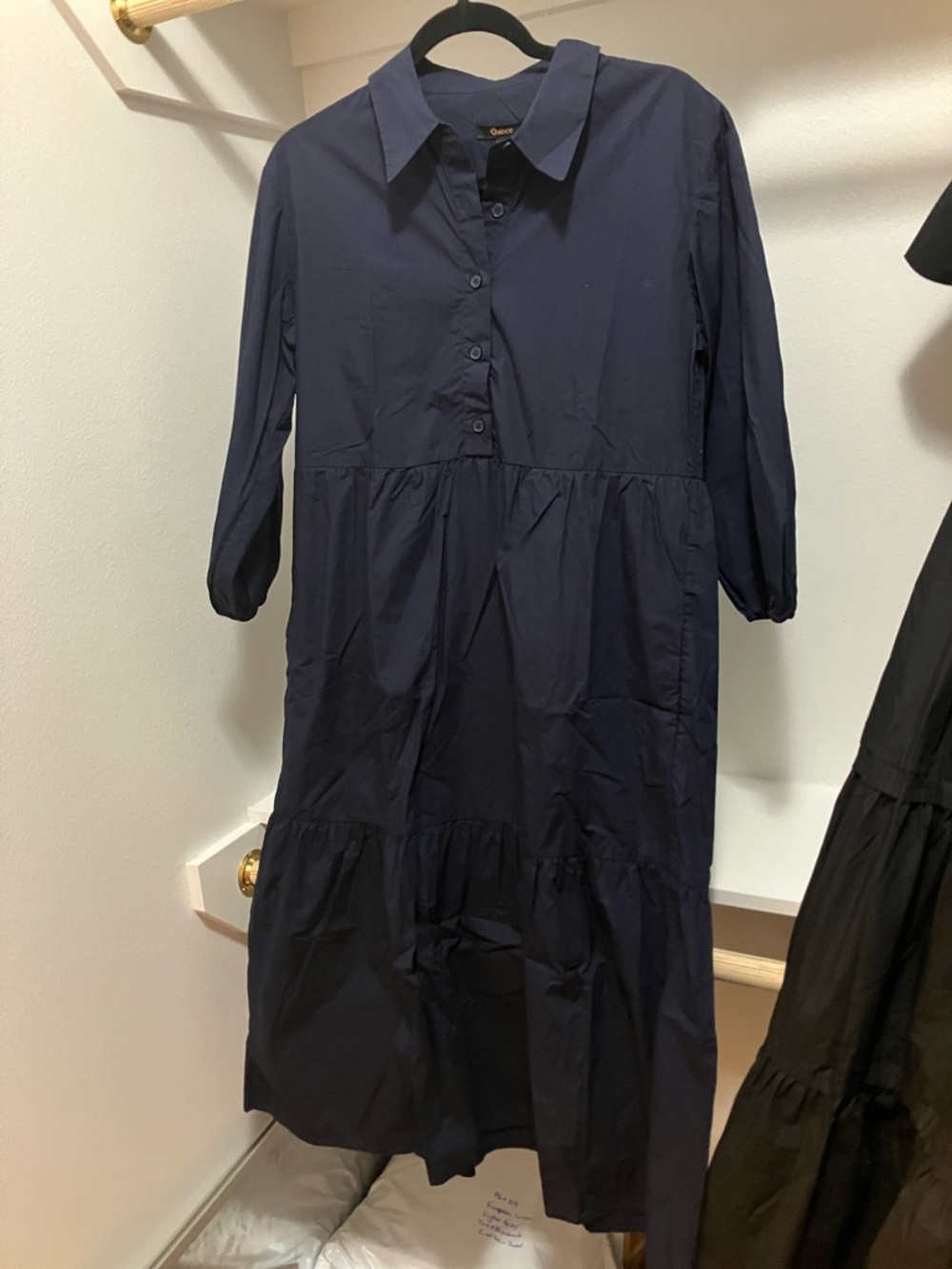 Quince Navy Organic Cotton Button-Front Tiered Midi Dress Medium NWT